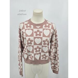 Debut Y2k Cottagecore Pastel Blush Pink Heart & Daisy‎ Sweater – Size M